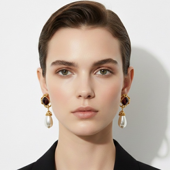 🆕 Ruby Red Crystal & Teardrop Pearl Drop Earrings - Elegant Statement-only 1 - Picture 3 of 3